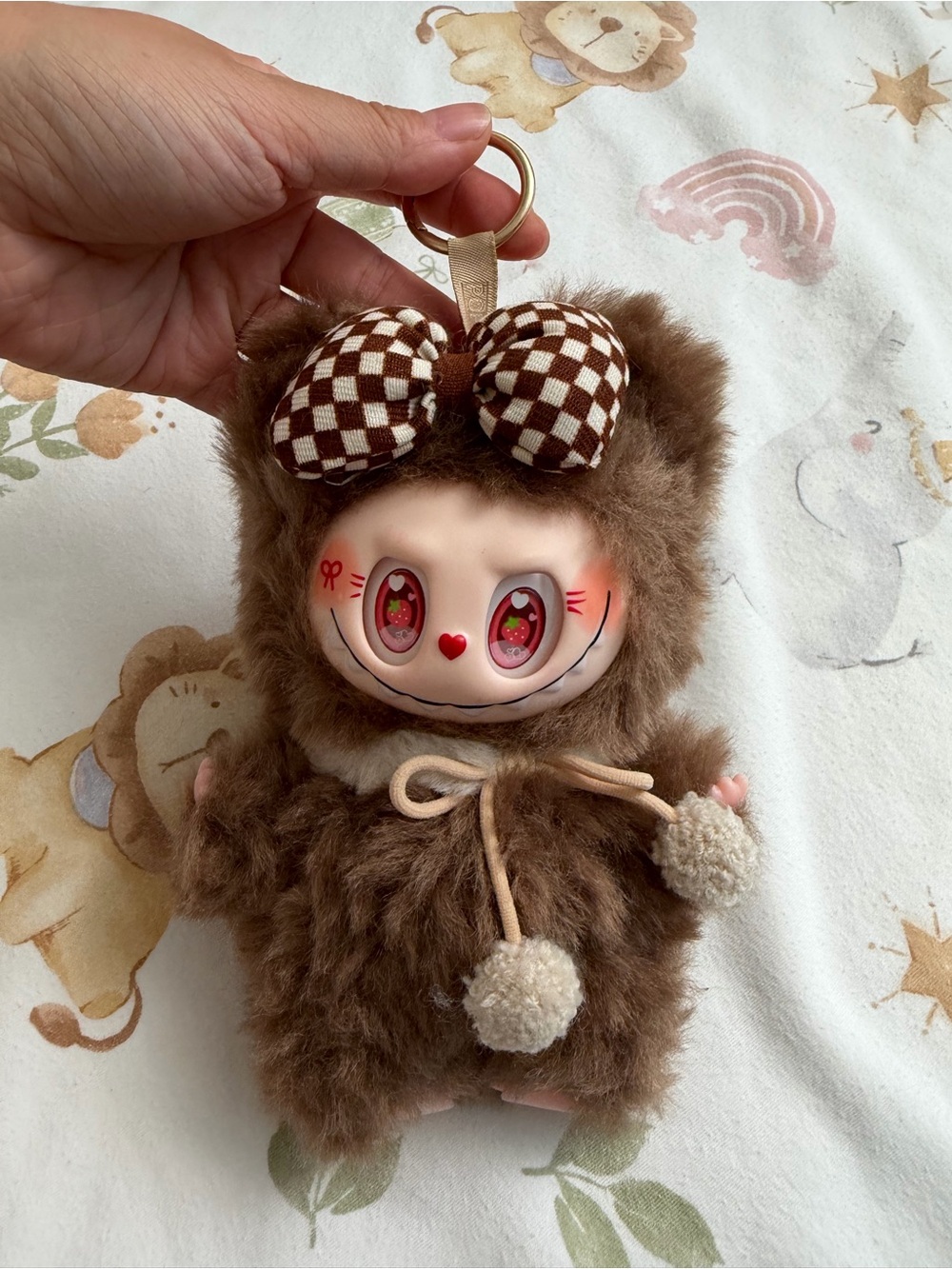 Labubu Plush Small Pet Toy Keychain - Brown Faux Fur with Checkered Bow